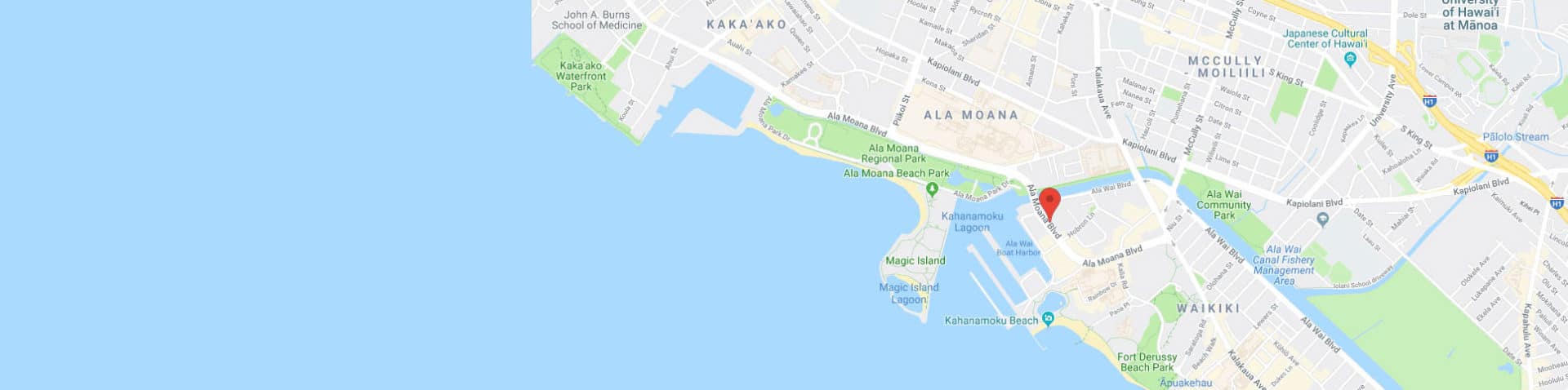 Map showing The Equus at the western edge of Waikīkī, 11 miles from Joint Base Pearl Harbor-Hickam